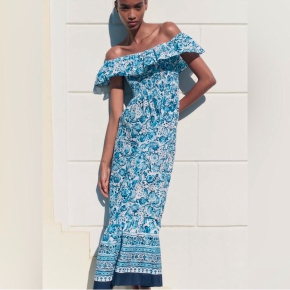 ZARA Portofino FLORAL PRINT OFF THE SHOULDER DRESS - Picture 11 of 12